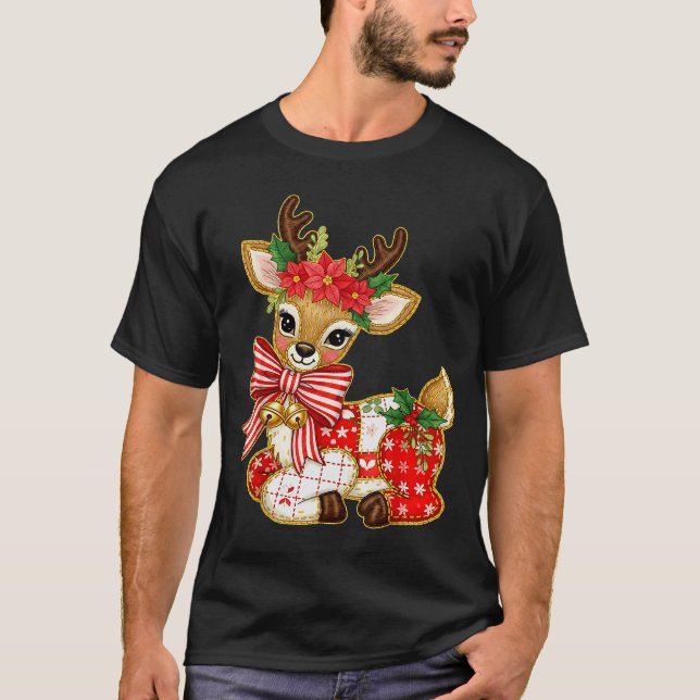 Patchwork Reindeer Preppy Girly Christmas Xmas Hol T Shirt (Framsida)