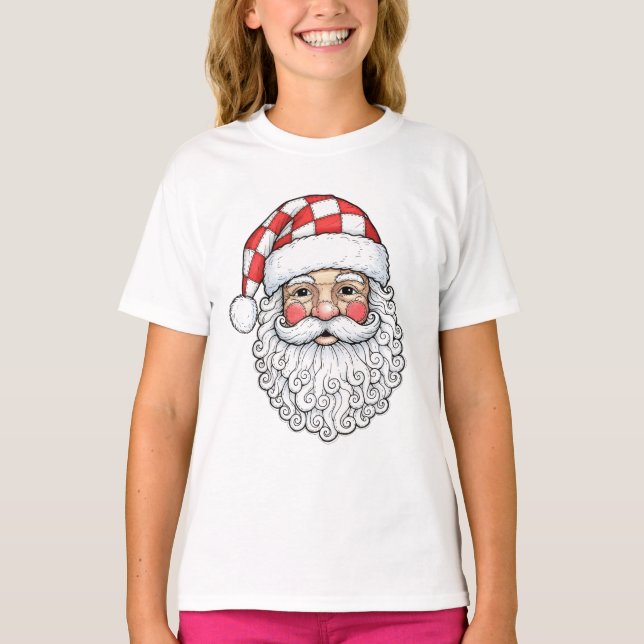 Patchwork Santa Ansikte Doodle Art Penna Bläck Sti T Shirt (Framsida)