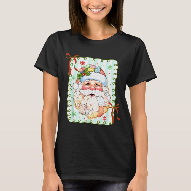 Patchwork Santa Claus Face Coquette Merry Christma T Shirt (Framsida)