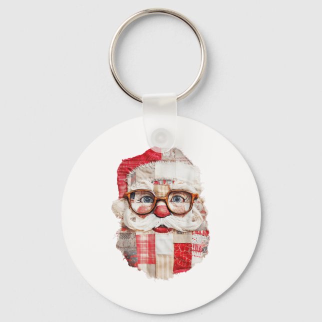 Patchwork Santa Claus Face Preppy Girly Christmas  Nyckelring (Framsida)
