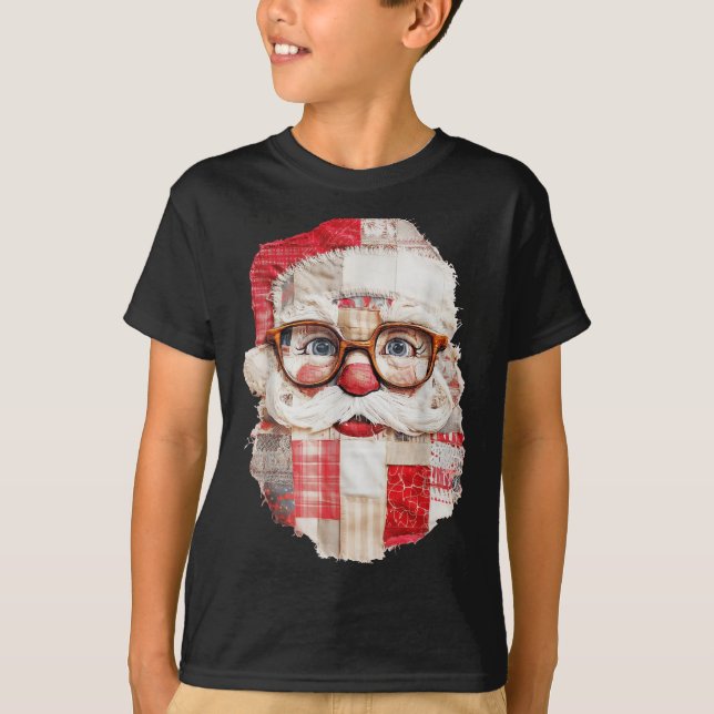 Patchwork Santa Claus Face Preppy Girly Christmas  T Shirt (Framsida)