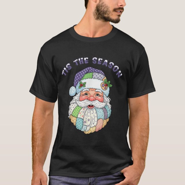 Patchwork Santa Claus Face Preppy Girly Christmas  T Shirt (Framsida)