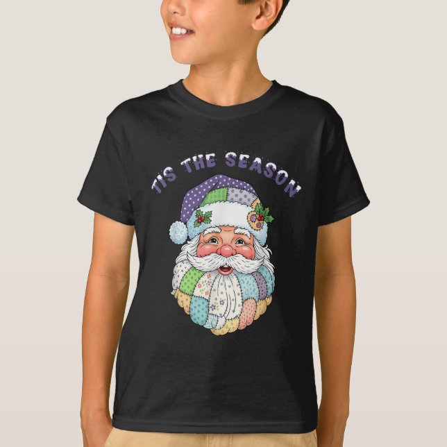 Patchwork Santa Claus Face Preppy Girly Christmas  T Shirt (Framsida)