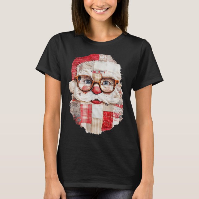 Patchwork Santa Claus Face Preppy Girly Christmas  T Shirt (Framsida)