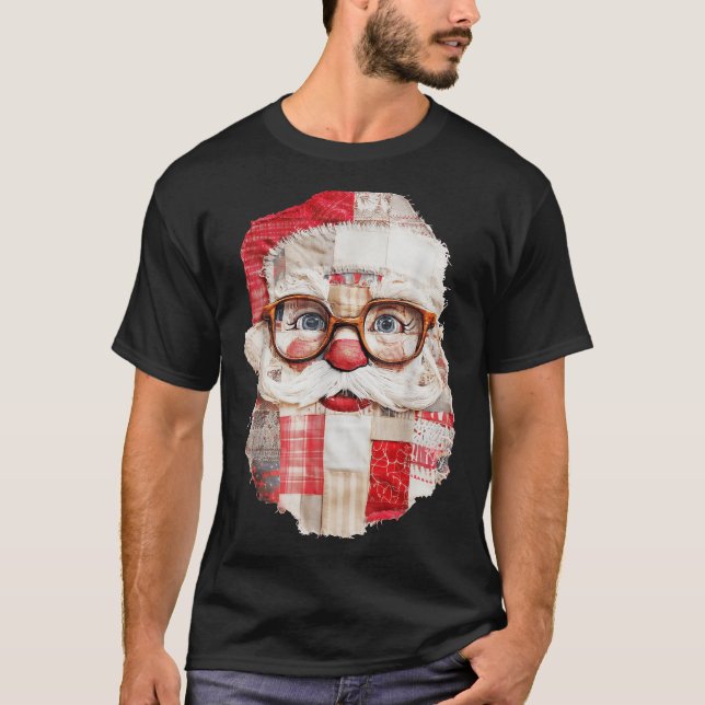 Patchwork Santa Claus Face Preppy Girly Christmas  T Shirt (Framsida)