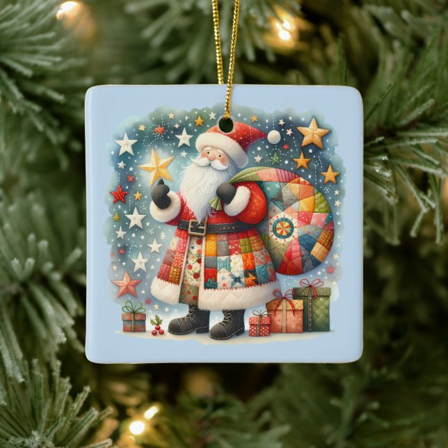 Patchwork-santaklaus med julstjärnor julgransprydnad keramik (Träd)