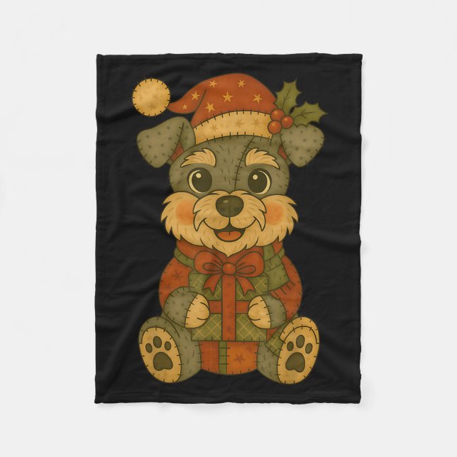 Patchwork Schnauzer Hund with Santa Hat for Christ Fleecefilt (Framsidan)