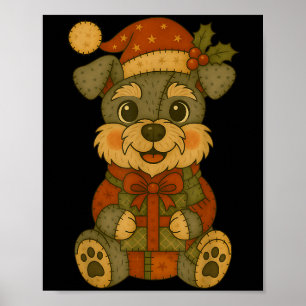 Patchwork Schnauzer Hund with Santa Hat for Christ Poster