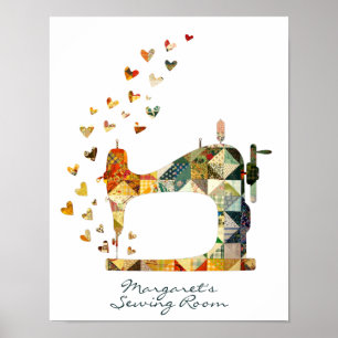 Patchwork Sewing Maskin Hearts Poster