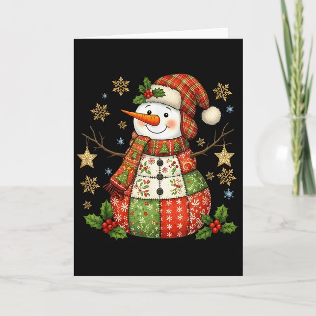 Patchwork Snowman Preppy Girly Christmas Xmas Holi Kort (Framsida)