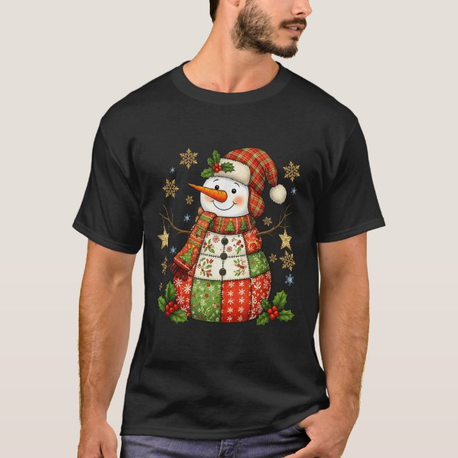 Patchwork Snowman Preppy Girly Christmas Xmas Holi T Shirt (Framsida)