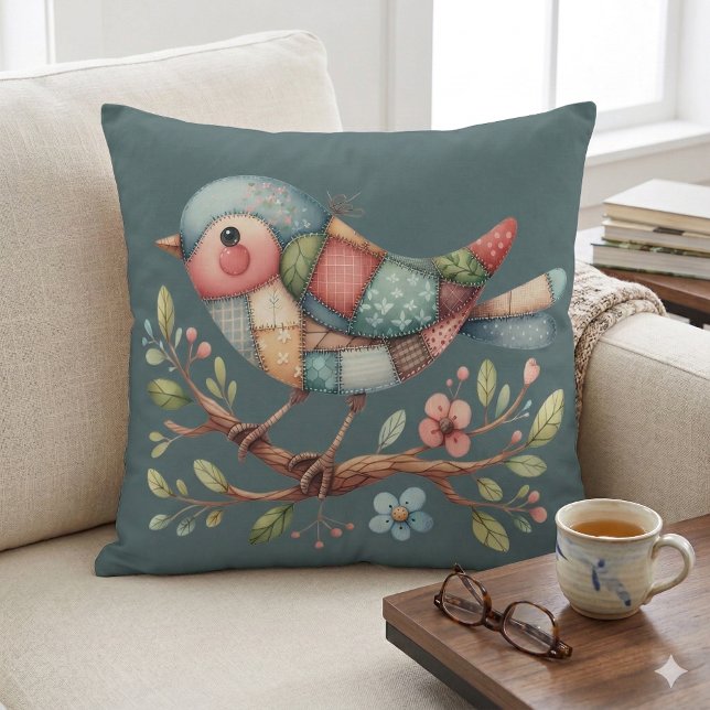 Patchwork Songbird on Blooming Gren Kudde (Patchwork Songbird on Blooming Branch Throw PilloW Mockup A)