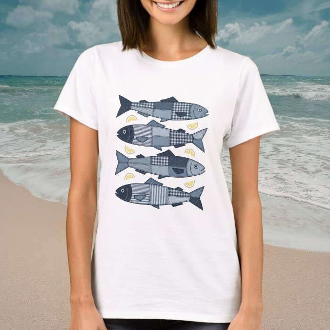 Patchwork stil Sardiner Kust Strand Tema T Shirt (Skapare uppladdad)