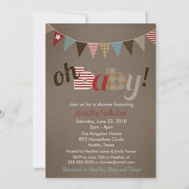 Patchwork Stitch Rustic Quilt Banner Baby Shower Inbjudningar (Framsida)
