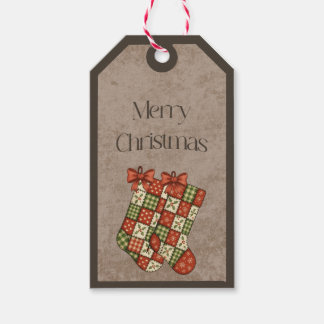 Patchwork Stockings in Christmas Colors Gift Tag Presentetikett