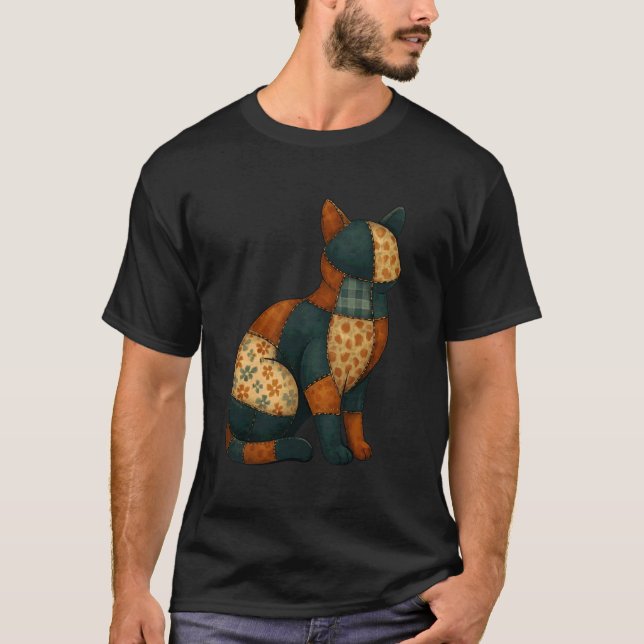 Patchwork Svart Katt Halloween Quilt Mönster T Shirt (Framsida)