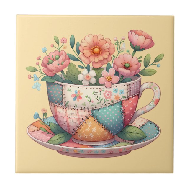 Patchwork Teacup with Whimsical Flowers Kakelplatta (Framsidan)