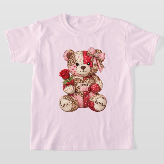 Patchwork Teddy Bear Valentine — Quilted Leopard  T Shirt (Laydown)