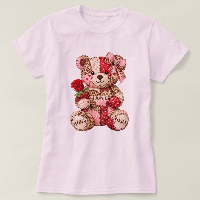 Patchwork Teddybjörn Alla hjärtans dag — Kviltad L T Shirt (Design framsida)