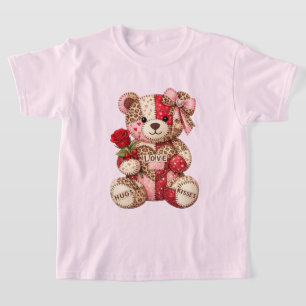 Patchwork Teddybjörn Alla Hjärtans Dag — Quiltad L T Shirt