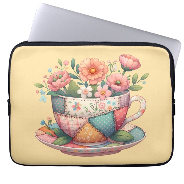 Patchwork Tekop med Whimsical Blommor Laptop Fodral (Framsidan)