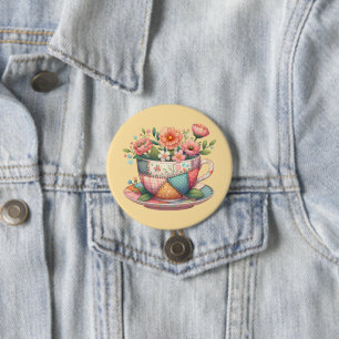 Patchwork Tekopp med Whimsical Flowers Knapp