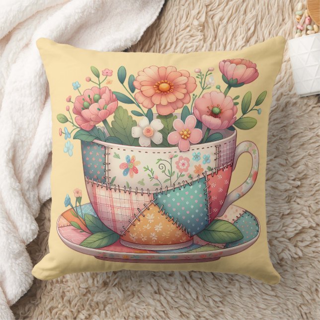 Patchwork Tekopp med Whimsical Flowers Kudde (Filt)