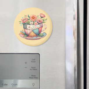 Patchwork Tekopp med Whimsical Flowers Magnet