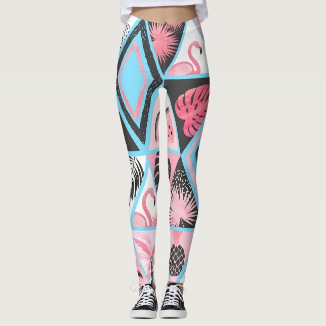 Patchwork tropical flamingo, handflatan mönster. leggings (Framsida)