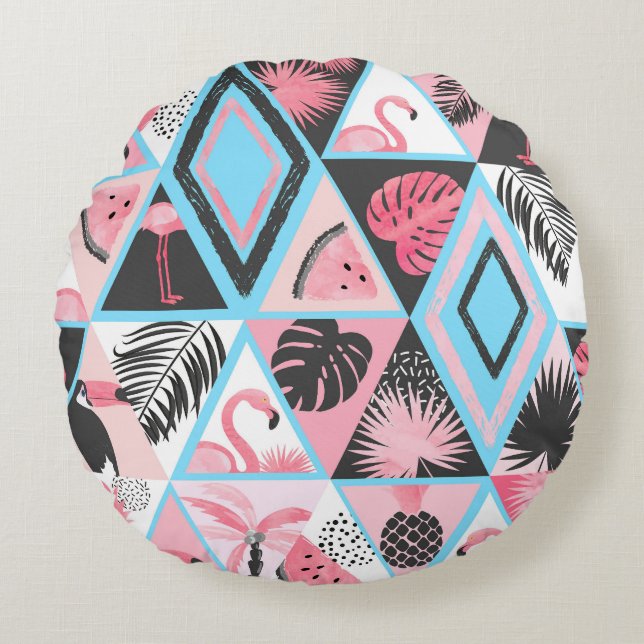 Patchwork tropical flamingo, handflatan mönster. rund kudde (Framsidan)