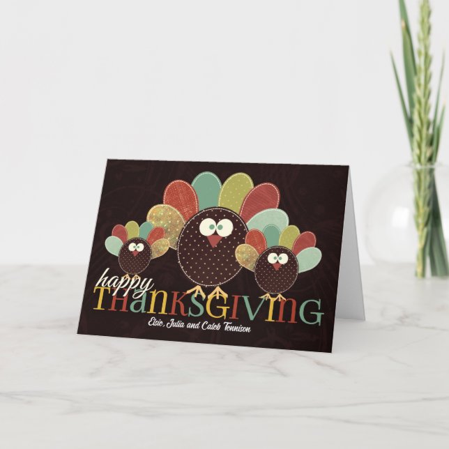 Patchwork Turkey Family for Thanksgiving Helgkort (Framsida)