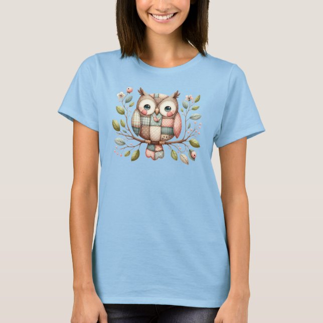 Patchwork Uggla i Whimsical Woodland T Shirt (Framsida)