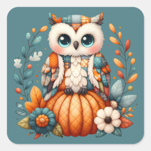Patchwork Uggla on Pumpkin - Cottagecore Fall Fyrkantigt Klistermärke