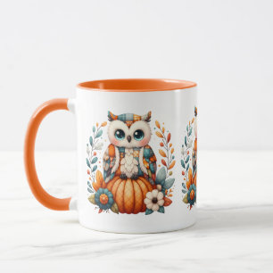 Patchwork Uggla on Pumpkin - Cottagecore Fall Mugg