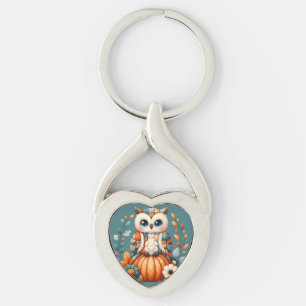 Patchwork Uggla on Pumpkin - Cottagecore Fall Twisted Heart Silverfärgad Nyckelring