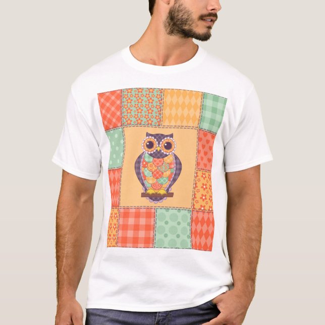 Patchwork Uggla Vintage Seamless Mönster T Shirt (Framsida)