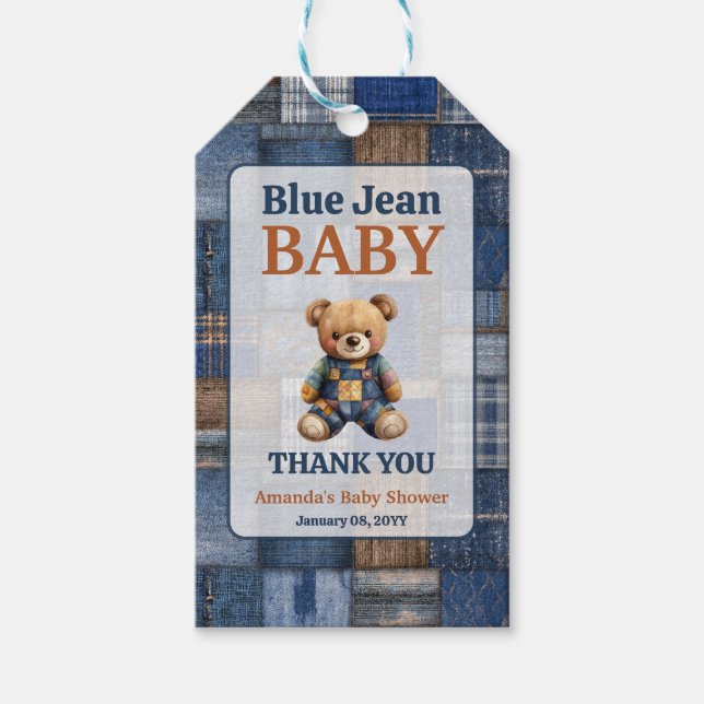 Patchwork Western Denim Bear Blue Jean Baby Shower Presentetikett (Framsidan)