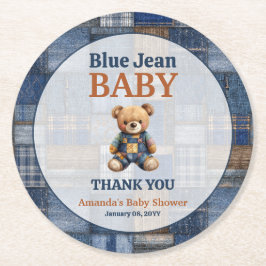 Patchwork Western Denim Bear Blue Jean Baby Shower Underlägg Papper Rund