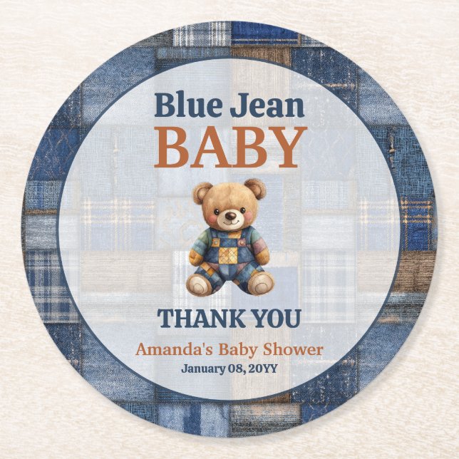 Patchwork Western Denim Bear Blue Jean Baby Shower Underlägg Papper Rund (Framsidan)