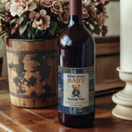 Patchwork Western Denim Bear Blue Jean Baby Shower Vinflaska Etikett