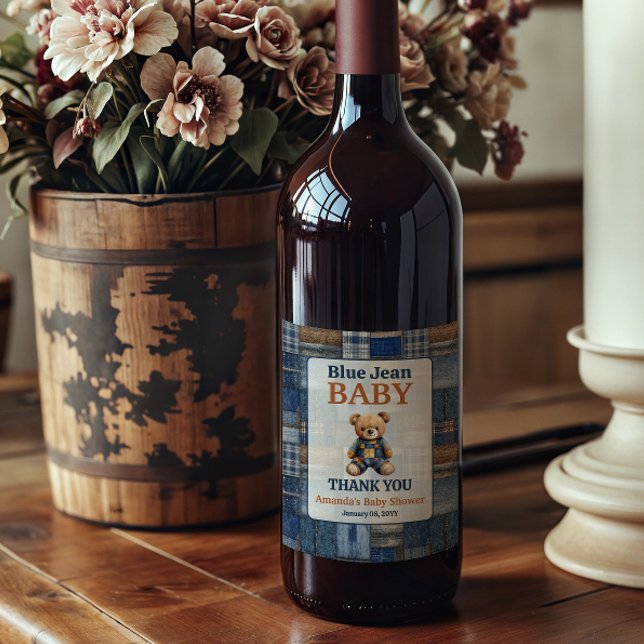 Patchwork Western Denim Bear Blue Jean Baby Shower Vinflaska Etikett (Skapare uppladdad)