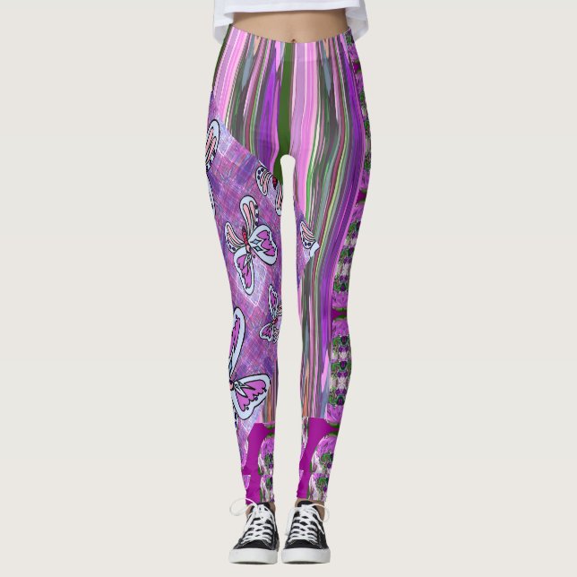 Patchy Stripes Pink Green Leggings (Framsida)