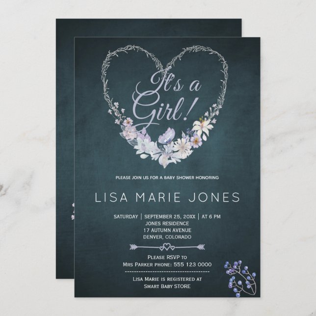 Patel blåser hjärtkransens blå babydusch inbjudningar (Fram/baksida)