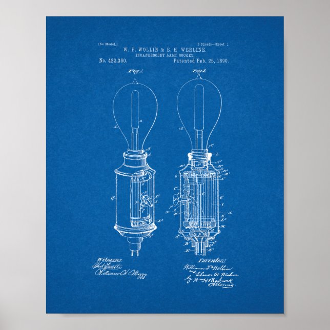Patent för glödlampssockel - blåkopia poster (Framsidan)