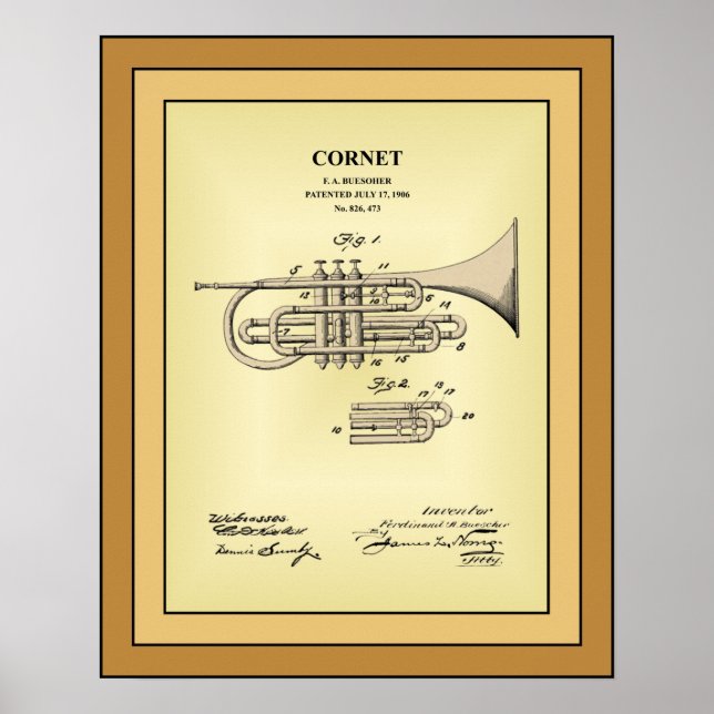 Patent Teckning ~ F. A. Buesoher ~ Cornet ~ Poster (Framsidan)