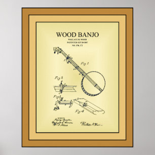 Patent Teckning ~ Wallace B. Wood ~ Wood Banjo ~ Poster
