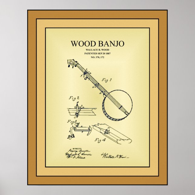 Patent Teckning ~ Wallace B. Wood ~ Wood Banjo ~ Poster (Framsidan)