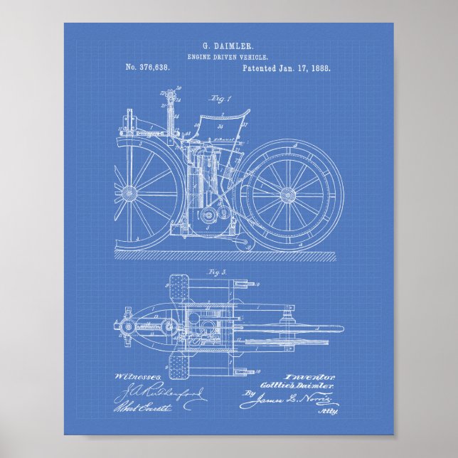 Patentritskiss för motordriven Fordon 1888 Poster (Framsidan)