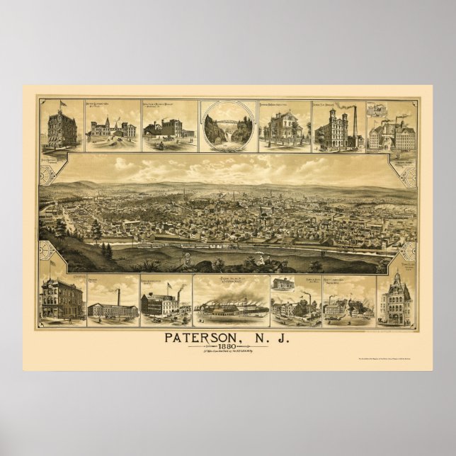 Paterson, NJ Panoramic Karta - 1880 Poster (Framsidan)