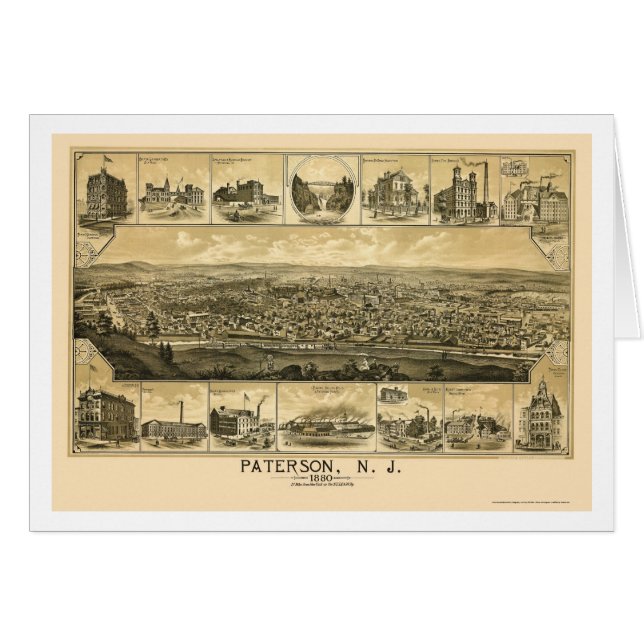 Paterson panorama- karta för NJ - 1880 Hälsningskort (Framsidan Horizontal)